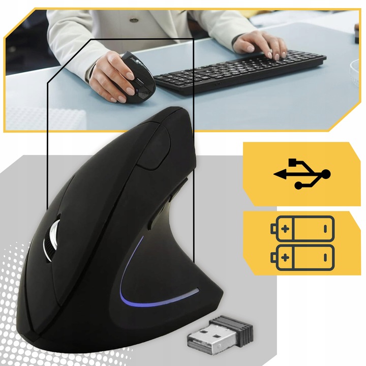 MYSZKA BEZPRZEWODOWA ERGONOMICZNA PIONOWA MYSZ WERTYKALNA do KOMPUTERA PC Interfejs USB (Radio 2.4 GHz)